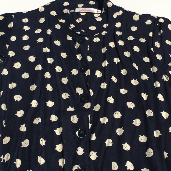 Kitten Face Polka Cat Shorts Romper Jumpsuit Size L (Fits like Small) Navy Blue - Picture 3 of 4